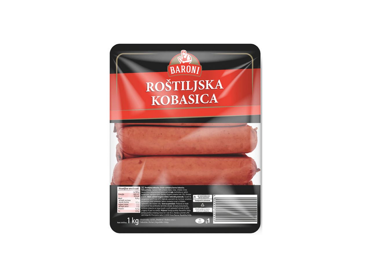 Pakovanje Baroni roštiljske kobasice od 1 kg.