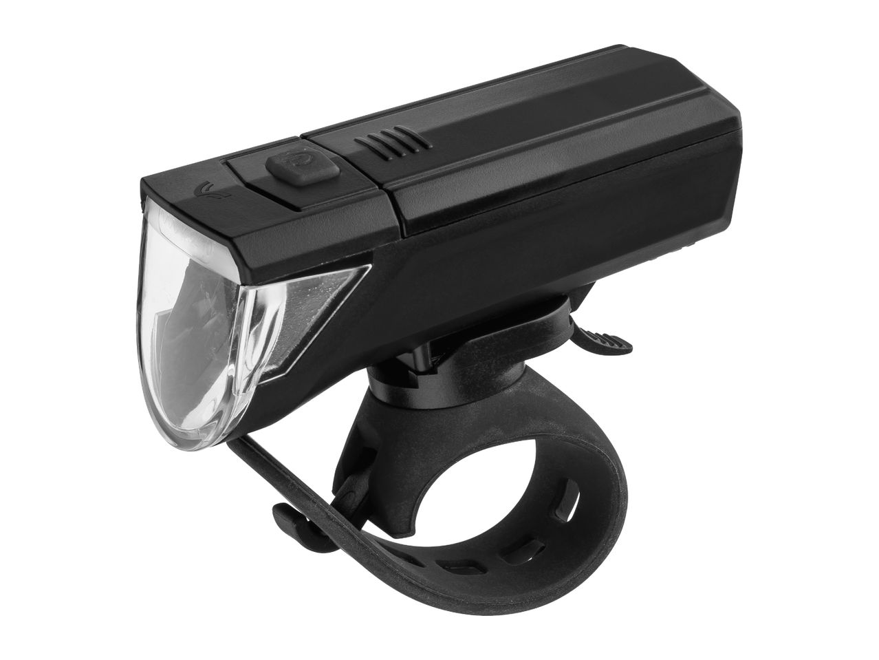 A black bicycle headlight with a clear lens and a button on top.