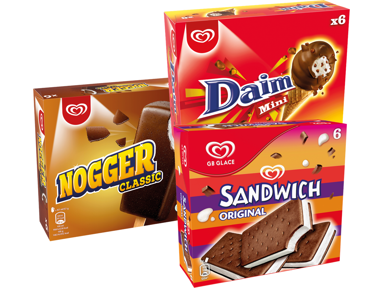 Tre förpackningar med glass: Nogger Classic, Daim Mini och Sandwich Original.