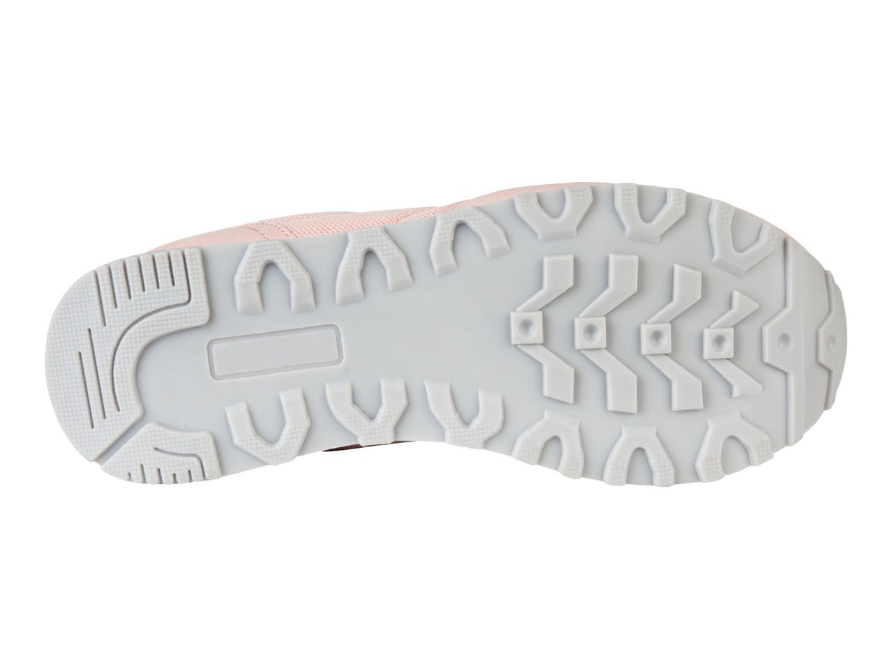 Bottom view of a pink sneaker with a gray sole.