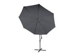 Dark grey cantilever parasol with a cross base, viewed from below.