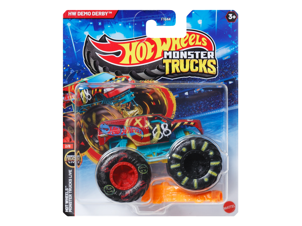 Monster truck Hot Wheels HW Demo Derby în ambalajul său.