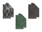 Drei Sets Handtücher in Grau, Dunkelgrau und Grün, einige mit Mustern und alle mit dem Logo 'LOOKS'.