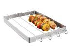 Grillmeister stainless steel grill rack with meat and vegetable skewers.