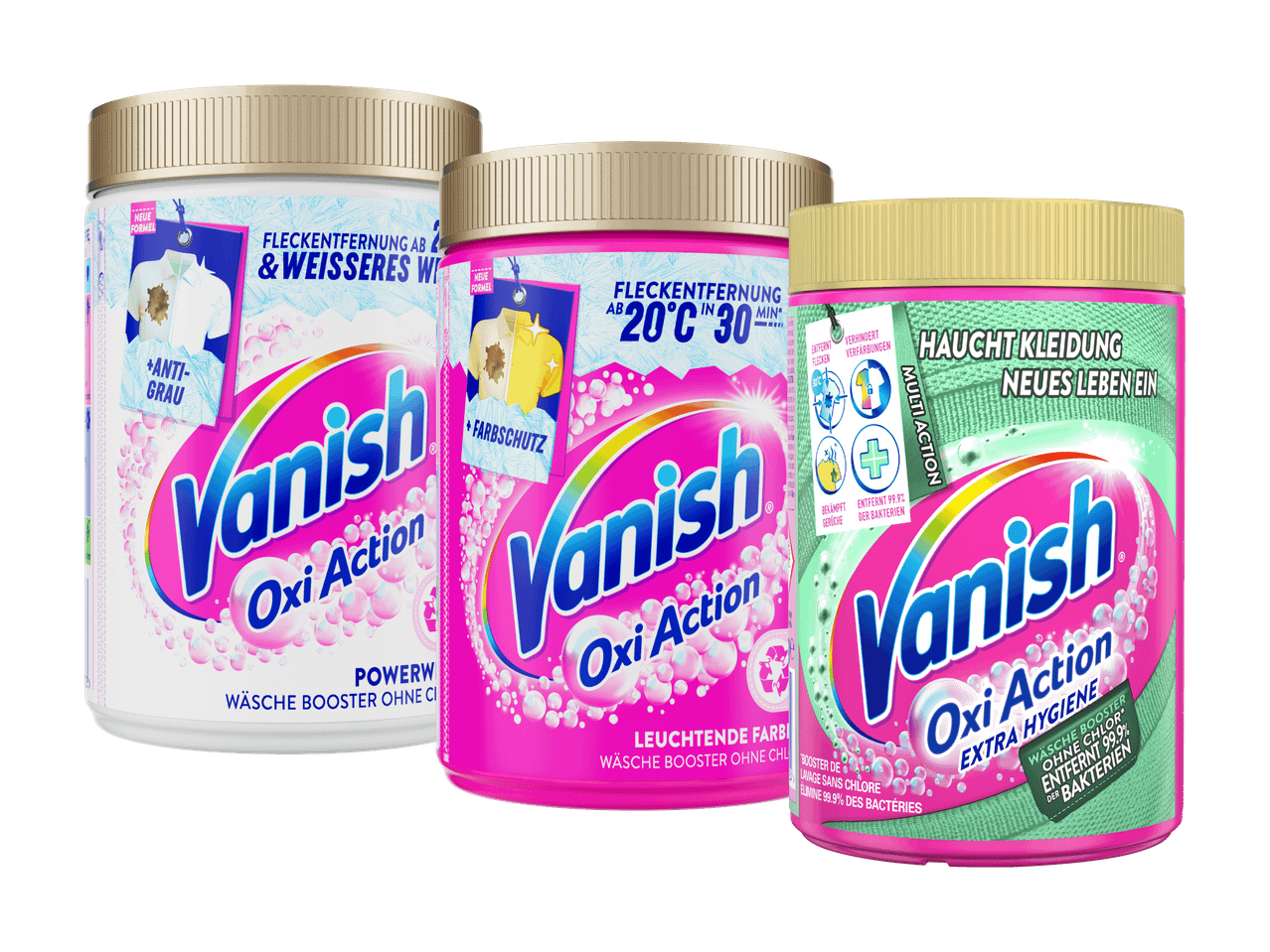 Drei Behälter mit Waschmittel-Boostern für Fleckenentfernung, Farbschutz und Hygiene.