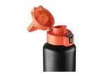 A black water bottle with an orange lid is shown, slightly angled, with the lid open.