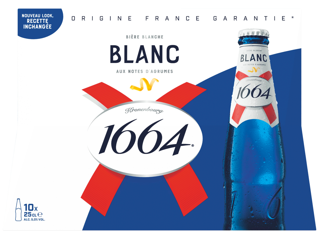 Pack de bière blanche aux notes d'agrumes avec une bouteille bleue et un ruban rouge et blanc.