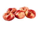 Vijf platte nectarines met rode en gele tinten op een zwarte achtergrond.