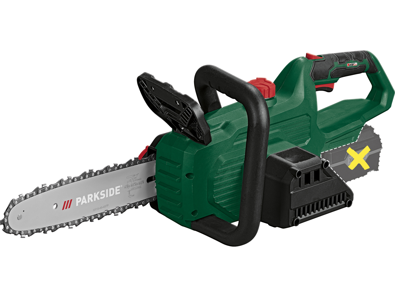 A Parkside cordless chainsaw with a 10' bar and chain is shown against a black background.