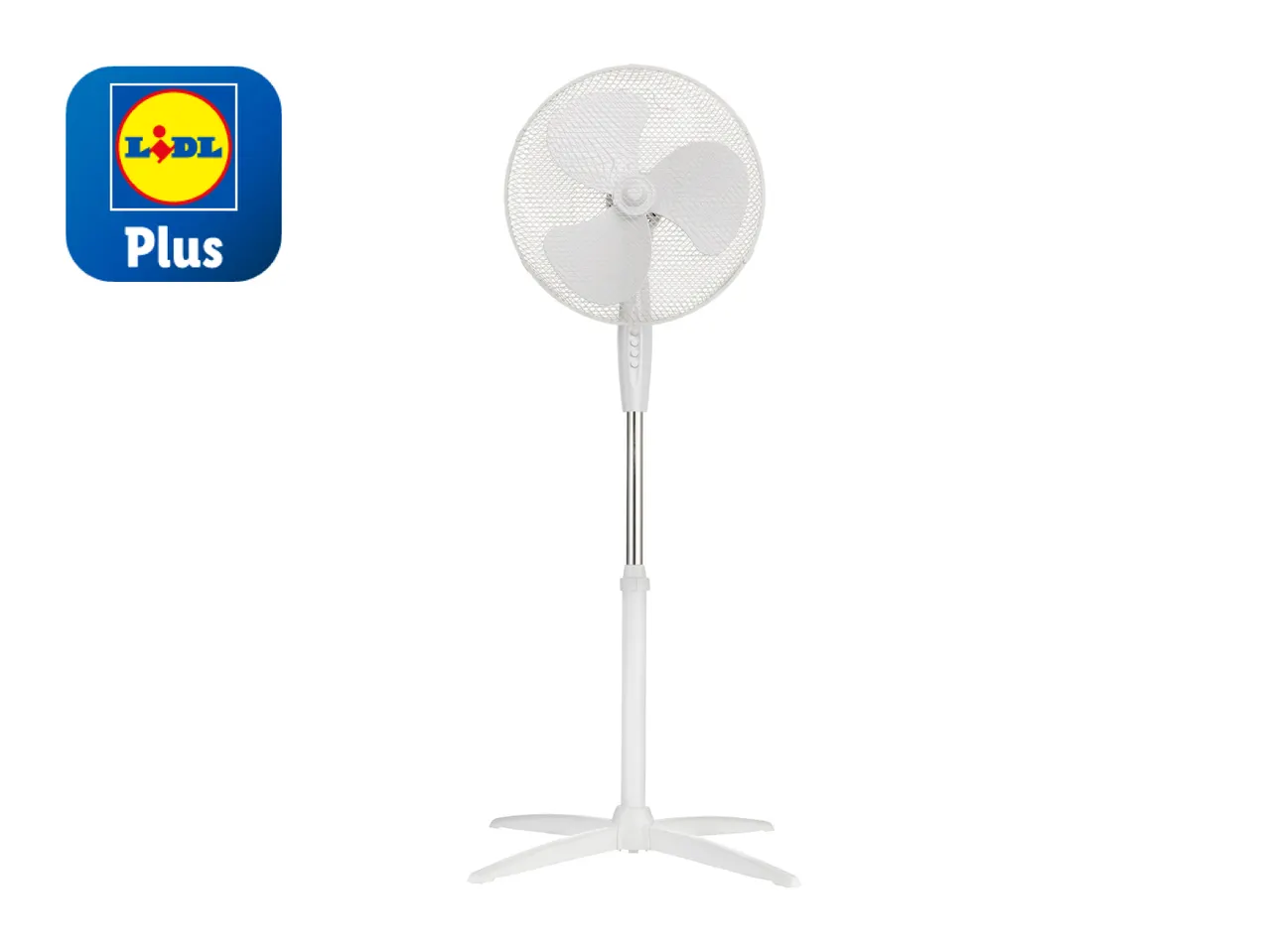 A white Lidl Plus pedestal fan with three blades stands on a white background.