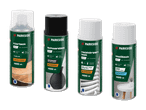 Rust-Oleum Sprühfarben in verschiedenen Farben: Holz, Schwarz, Weiß und Hellblau.