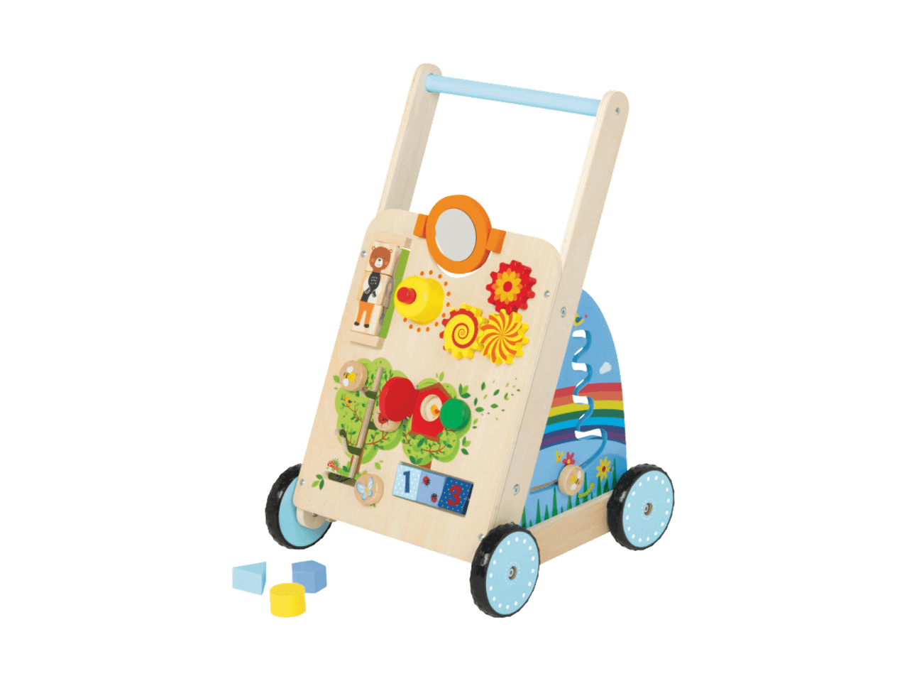 Medinis kūdikio stumdukas su veiklos centru, kuriame yra besisukantys krumpliaračiai, veidrodis ir skaičių slankiklis.