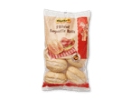En pakke med 9 hvede baguetteboller, klar til at bage, med et billede af en sandwich.