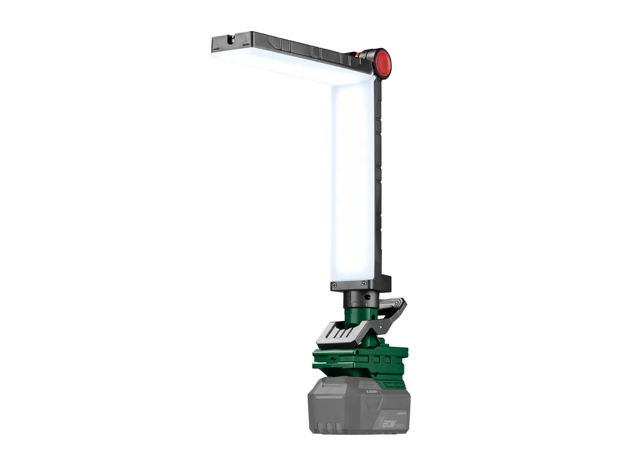 Cordless LED work light with adjustable arm and rechargeable battery pack