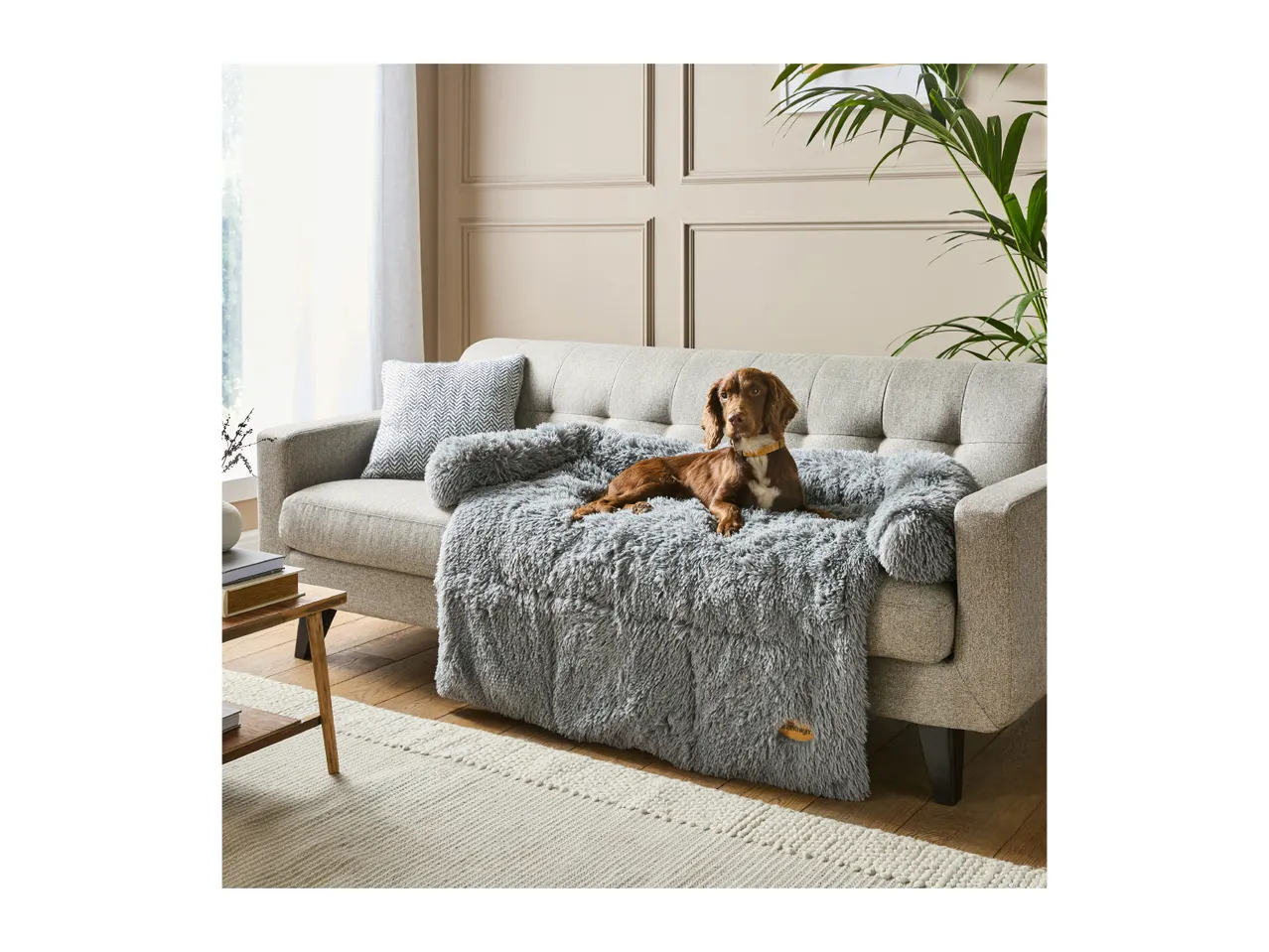 Brown dog resting on a grey fluffy pet sofa bed on a light grey sofa in a living room.