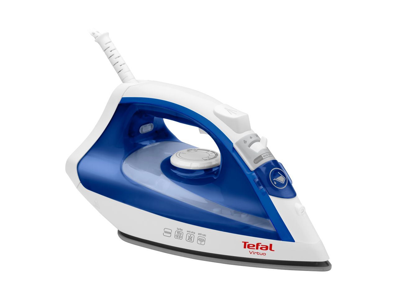 Blåt og hvidt dampstrygejern med 1800W, turbo 80g, anti-dryp og anti-kalk funktioner.