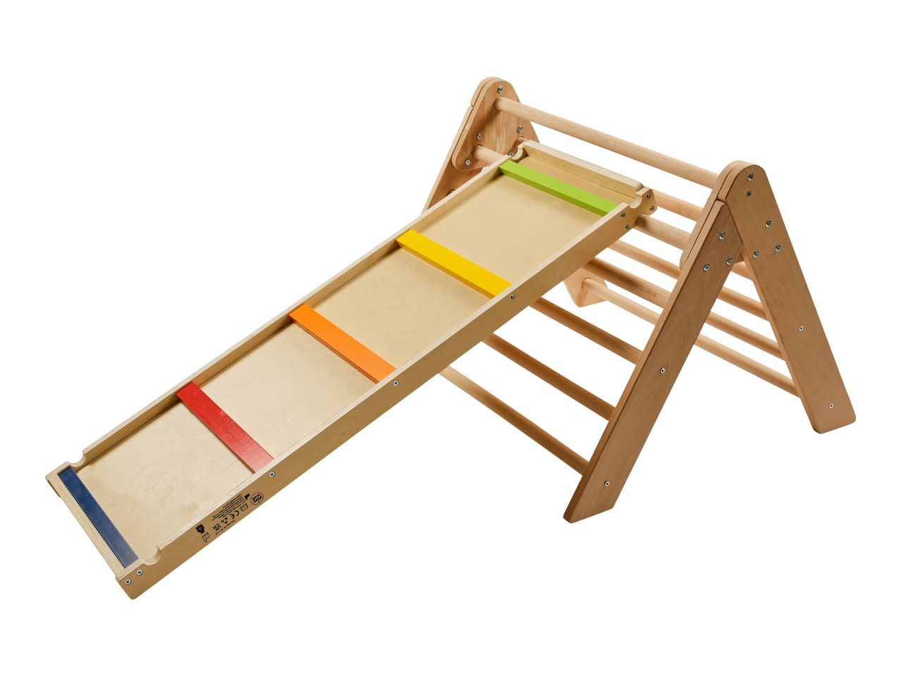 Wooden climbing frame with a slide featuring colorful rungs