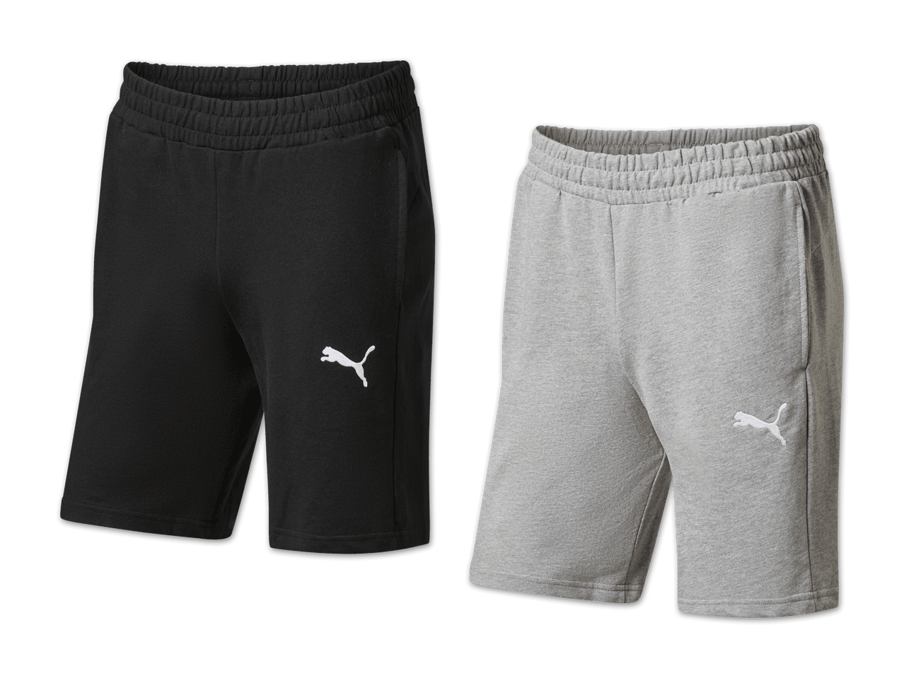 Zwei Paar Puma-Shorts, eine schwarze und eine graue.