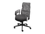 A gray office chair with a mesh back and seat, and black base with wheels.