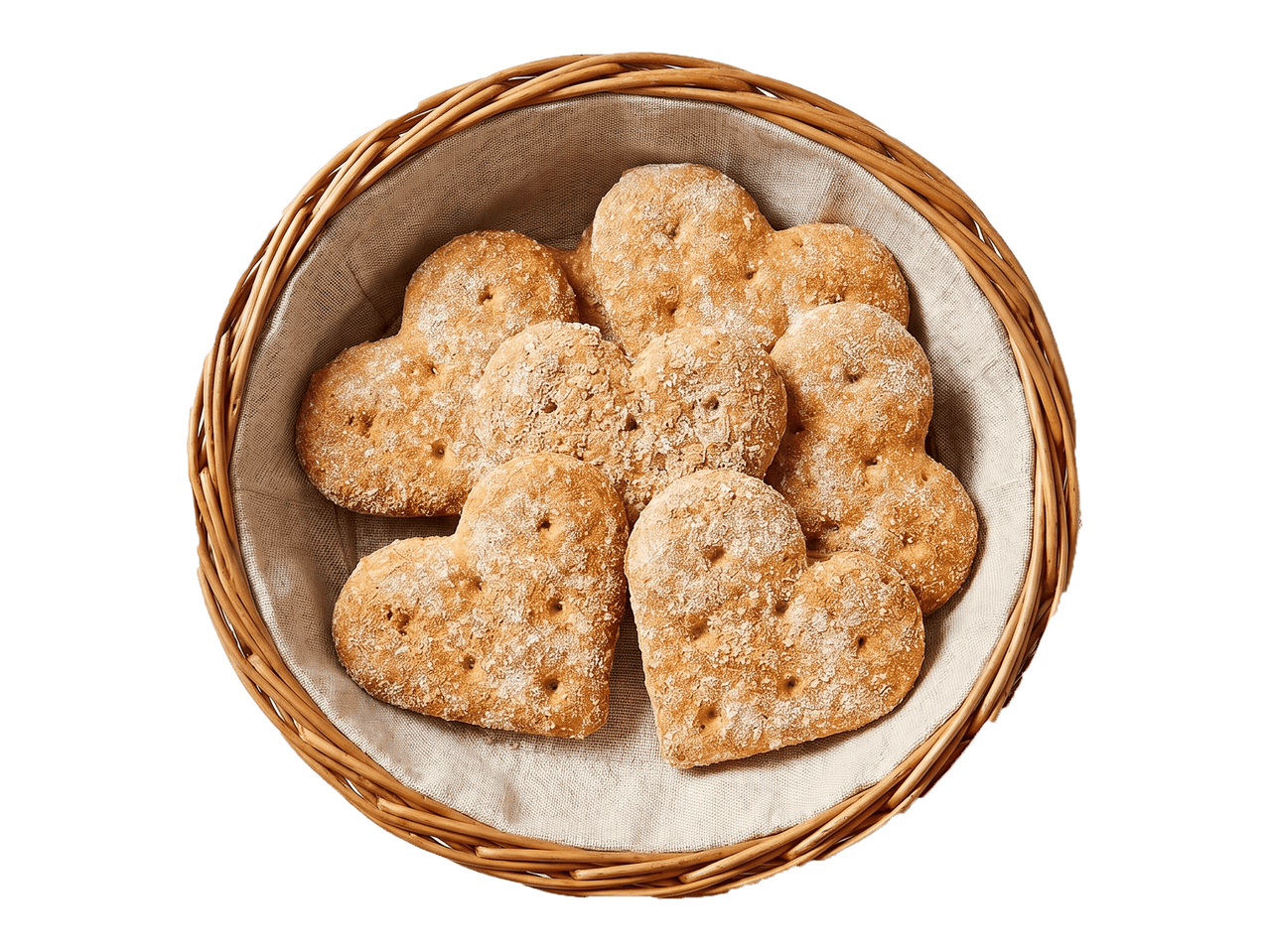 Sydämenmuotoisia keksejä tai leipäsiä korissa, ripoteltuna jauholla.