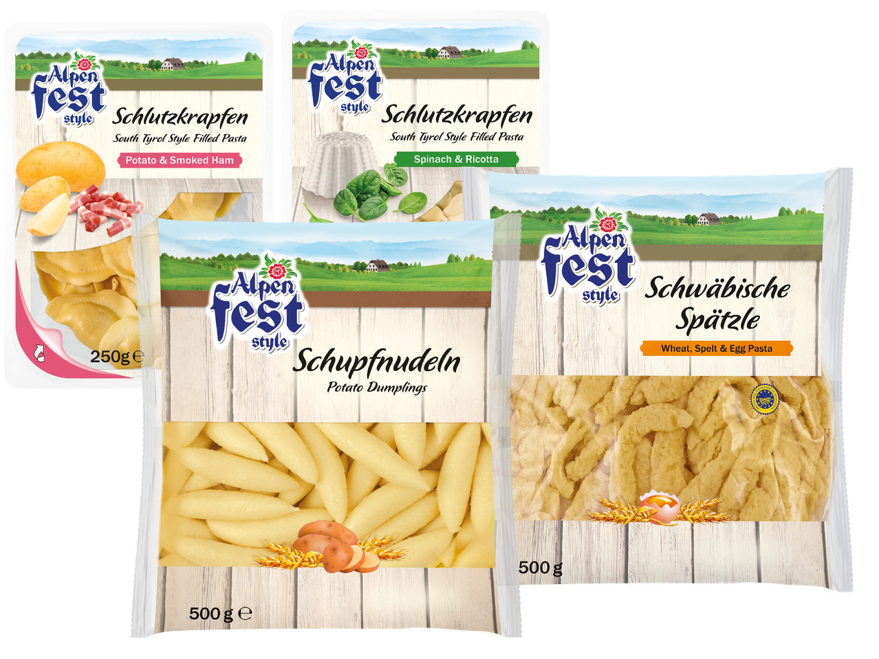 Förpackningar med Alpenfest-pasta, inklusive Schlutzkrapfen, Schupfnudeln och Schwäbische Spätzle.