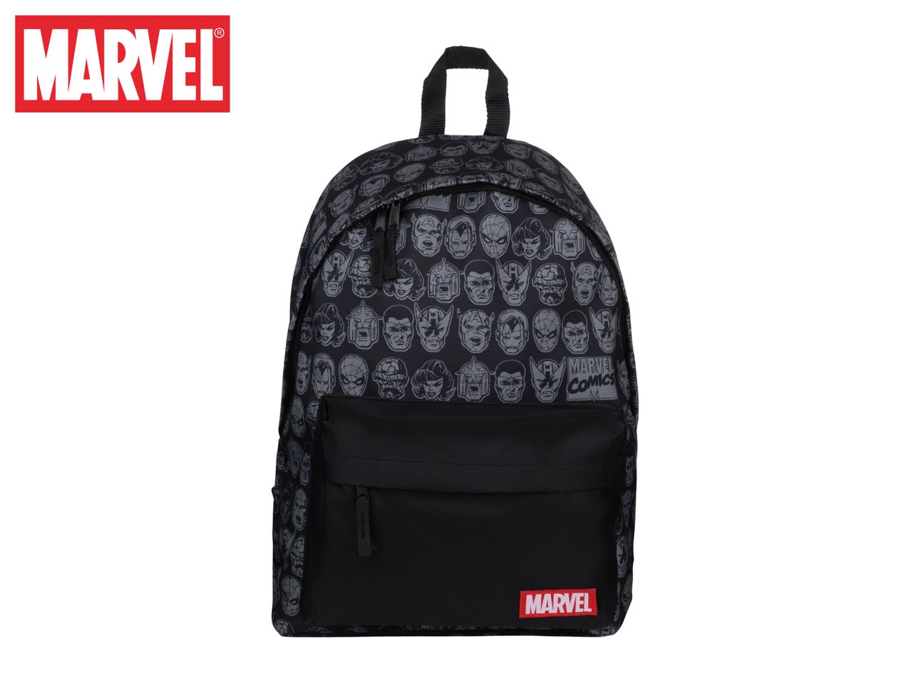Black backpack with a pattern of comic book character faces and a red logo.
