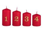 Four red Advent candles with golden numbers 1, 2, 3, and 4.