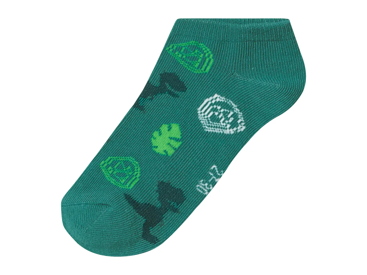 Green children's ankle socks with dinosaur and leaf patterns, size 27-30.
