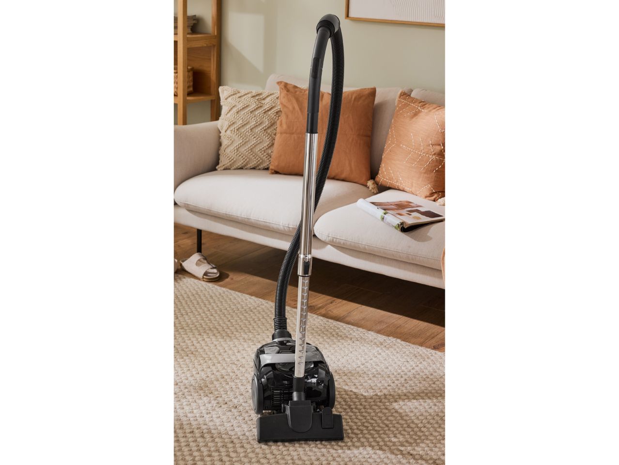 Vacuum cleaner on a beige rug in a living room with a sofa and wooden shelves.