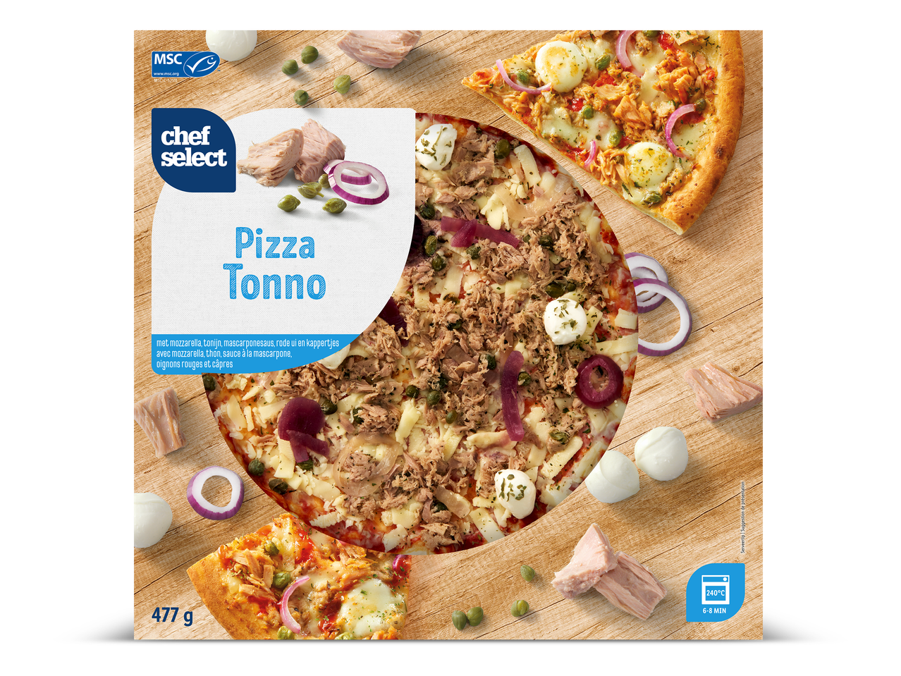 Pizza Tonno met mozzarella, tonijn, mascarponesaus, rode ui en kappertjes, 477g.