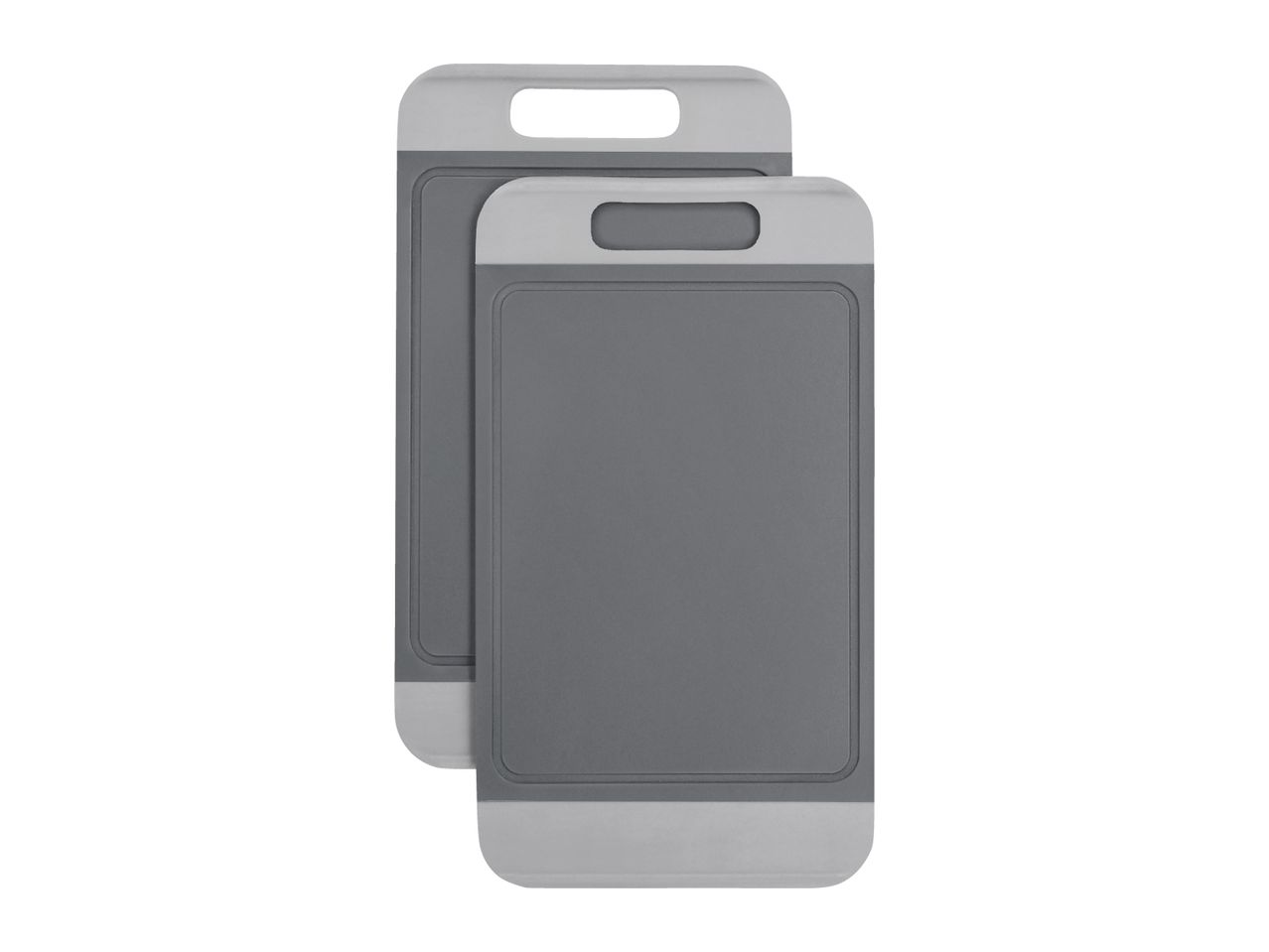 Two grey plastic cutting boards with handles