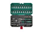 A green tool kit containing various sockets, ratchets, and other hand tools.