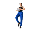Woman in blue Crivit sweatpants and black top, holding a gray ball.