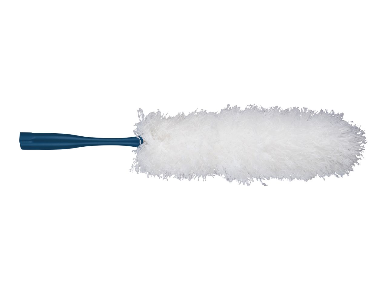 A white microfiber duster with a dark blue handle.