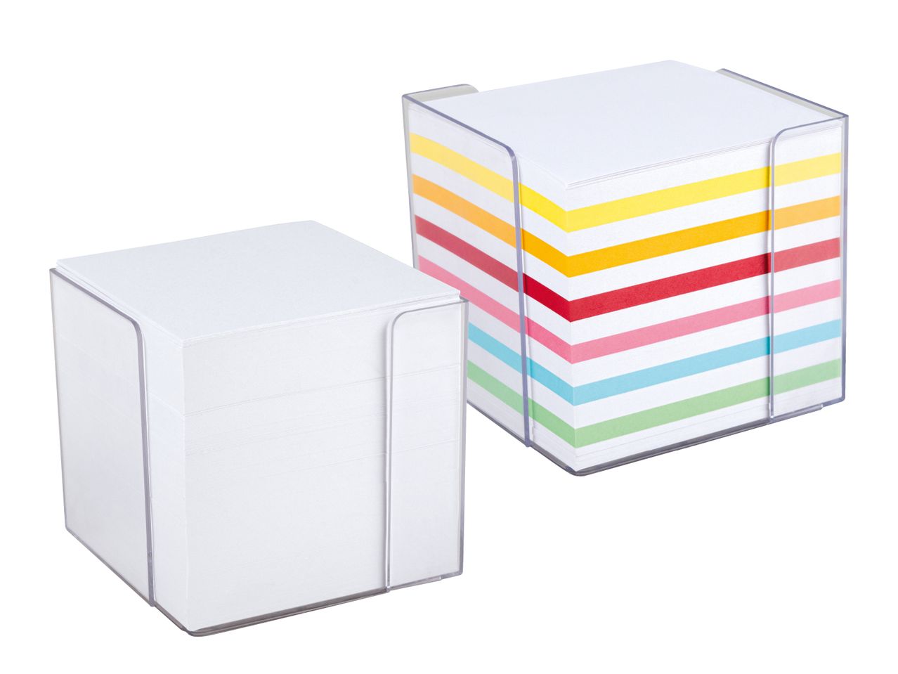 Zwei Notizblöcke in transparenten Haltern, einer weiß, der andere mehrfarbig gestreift.