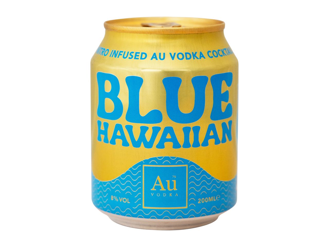 A can of Au Vodka Blue Hawaiian flavored vodka.
