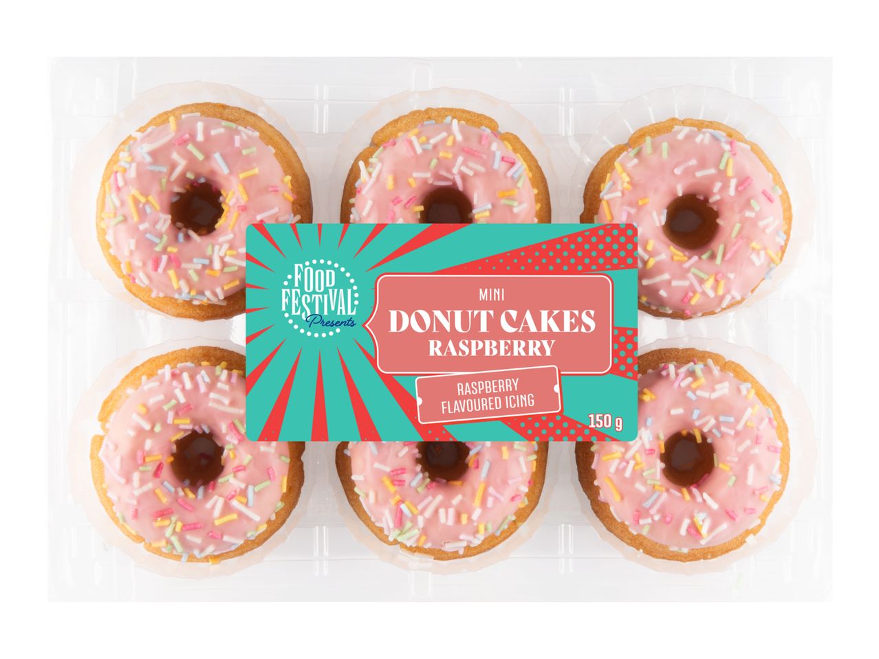 Six mini raspberry donut cakes with pink icing and sprinkles in a clear plastic tray.