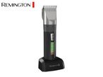 Hair clipper with charging dock, displaying battery level and cutting length settings.