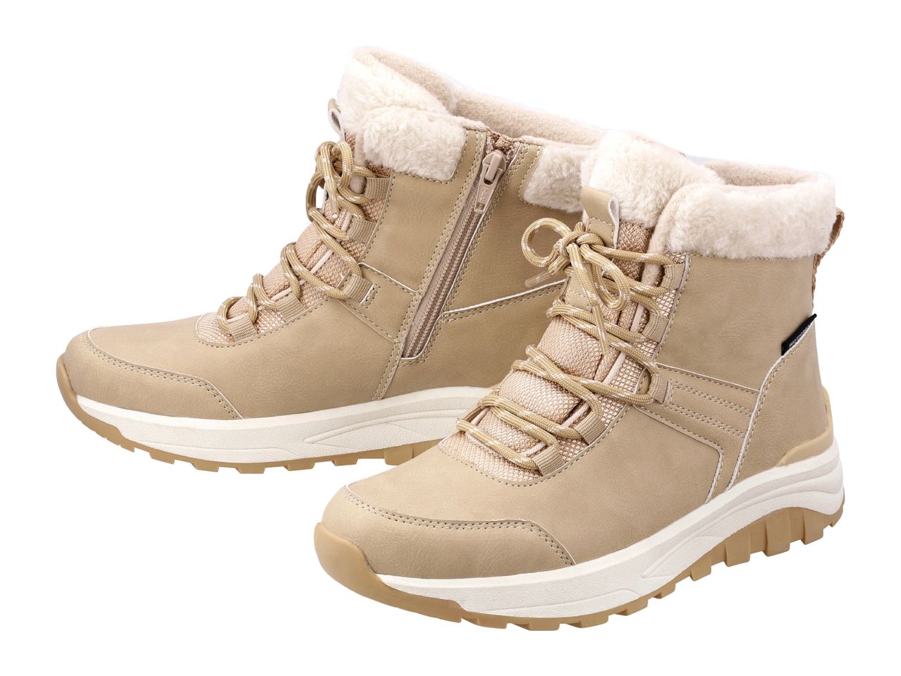 Pair of beige winter boots with faux fur lining and laces