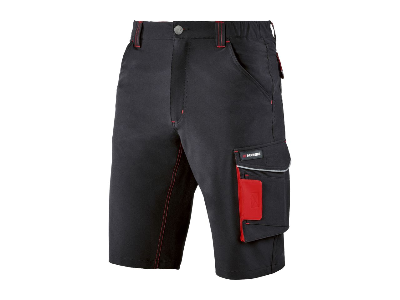 Black work shorts with red stitching and a side cargo pocket with a reflective strip.