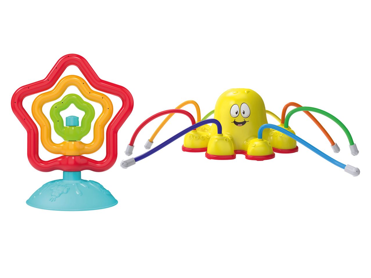 Buntes Wasserspielzeug: ein Sternen-Sprinkler und ein gelber Oktopus-Sprinkler
