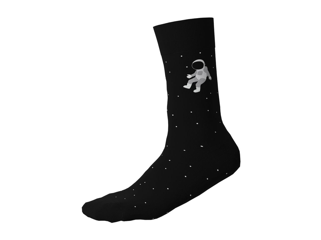 Black sock with an astronaut and star pattern