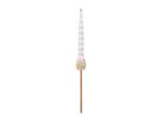 Striped beach umbrella with wooden handle.