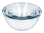 Set of four clear glass nesting mixing bowls.