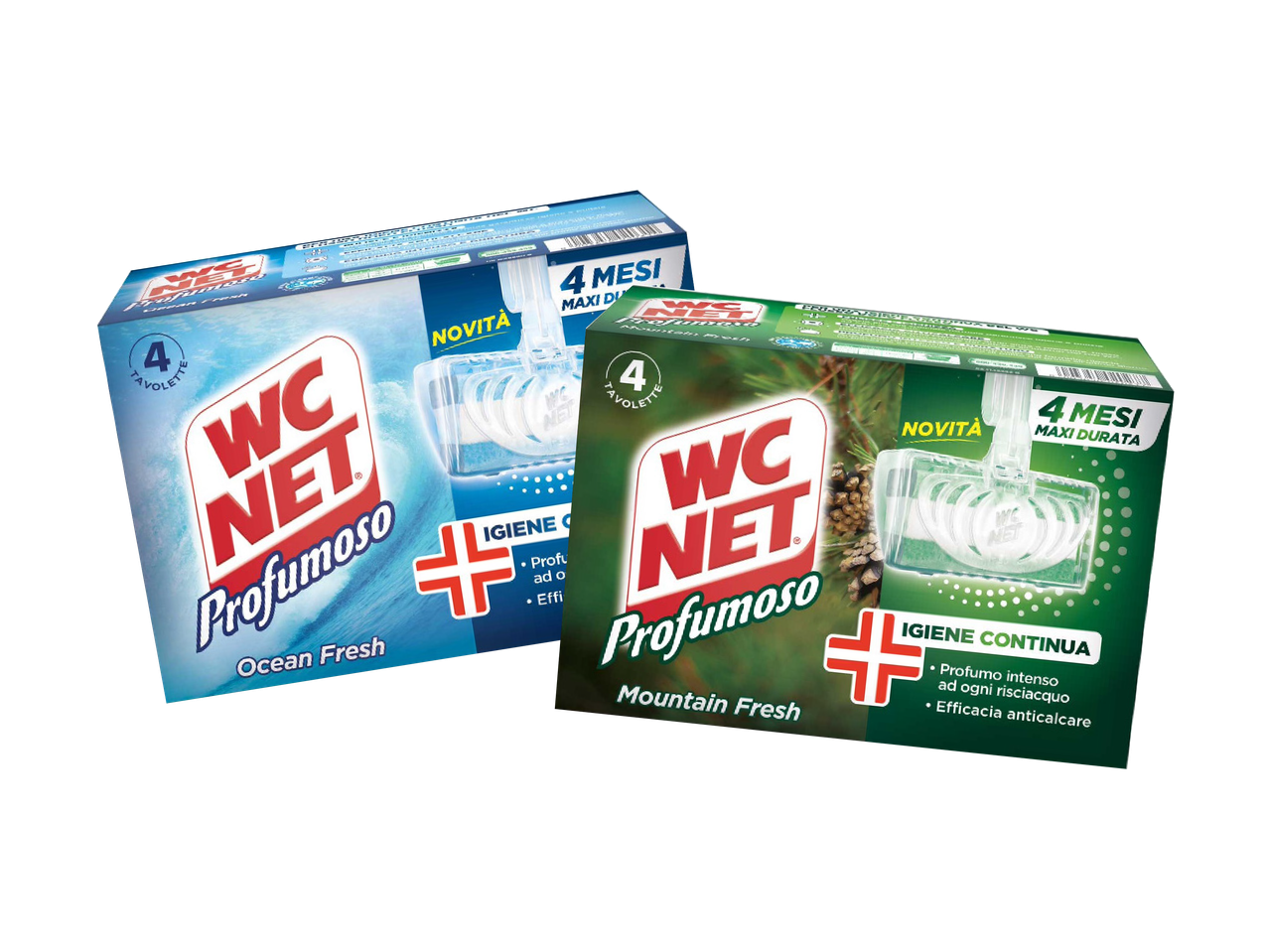 Due confezioni di WC Net Profumo, una blu e una verde.