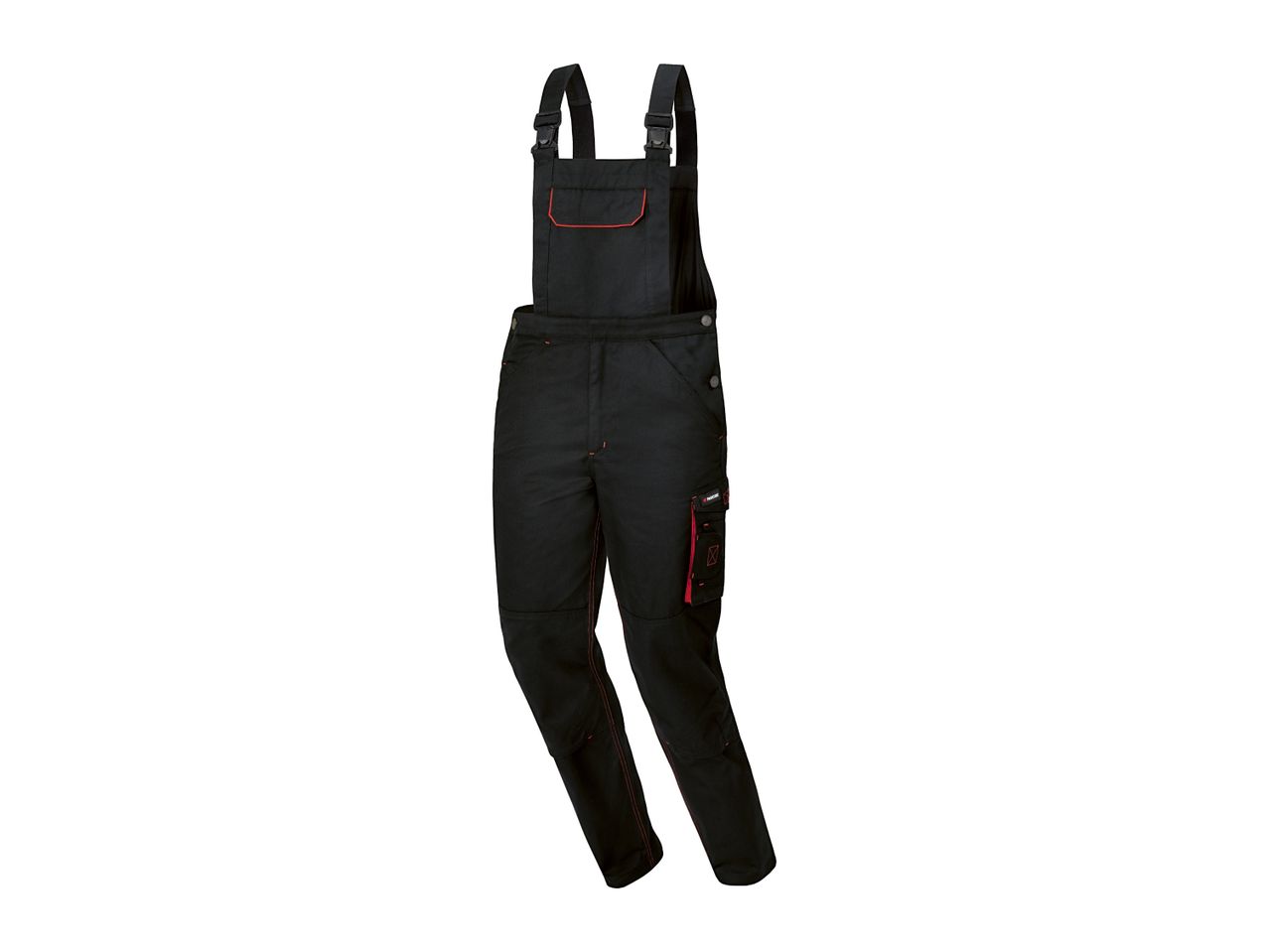 Black work dungarees with red stitching and accents, featuring multiple pockets.