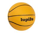 Yellow toy basketball with black lines and the word 'lupilu' printed on it.