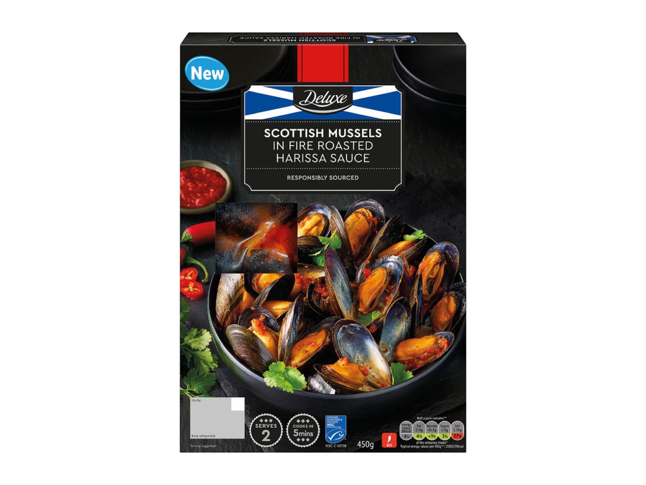 Packaging for Scottish mussels in fire-roasted harissa sauce, highlighting new product, serving size, and cooking time.