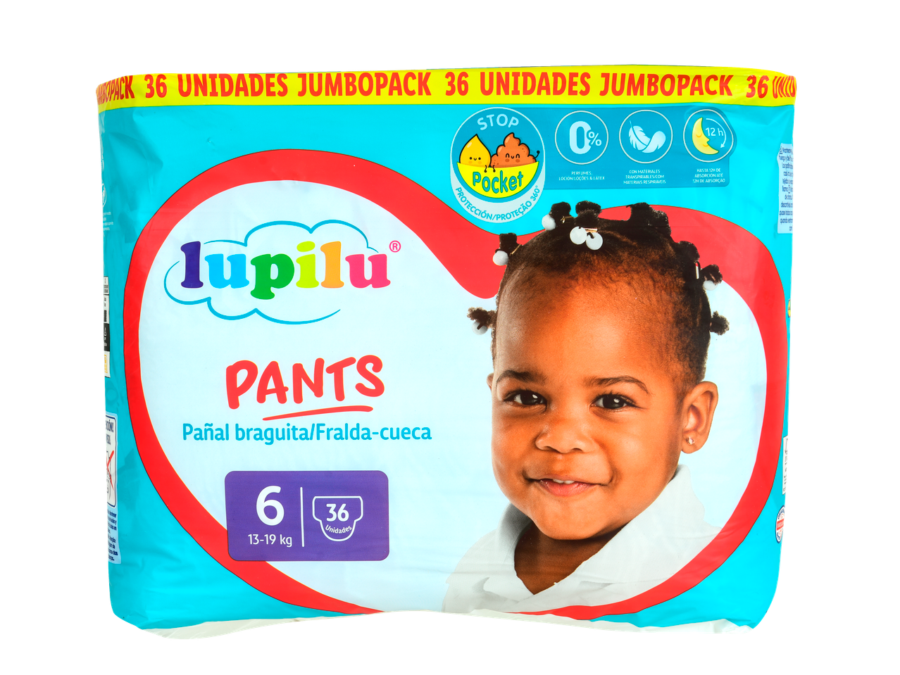 Fraldas Lupilu Soft Pants, tamanho 6 (13-19kg), 36 unidades, com um bebé sorridente.
