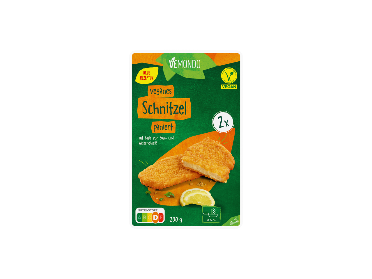 Vemondo vegane panierte Schnitzel (2 Stück, 200g).
